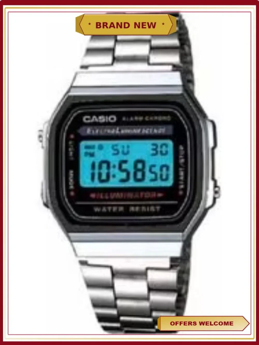 Casio Stainless Steel Digital Wristwatch Silver Black Retro Classic